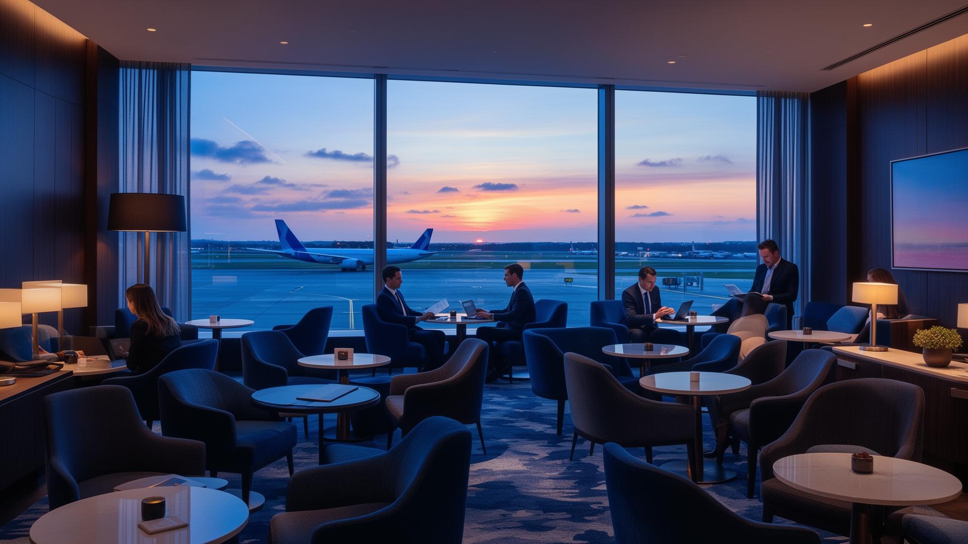 Moderne Airport Lounge mit Geschäftsreisenden bei Sonnenuntergang